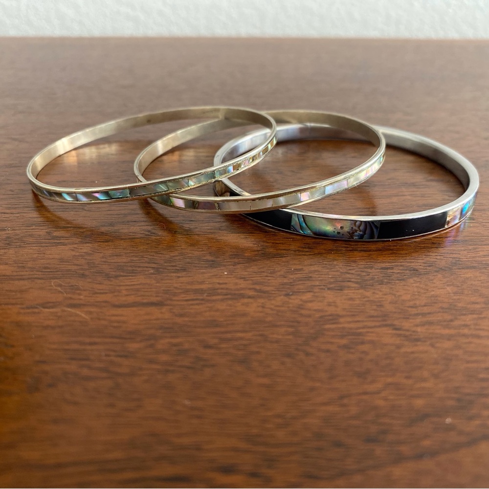 Set of Three Abalone Shell and Silver Bangle Bracelets!